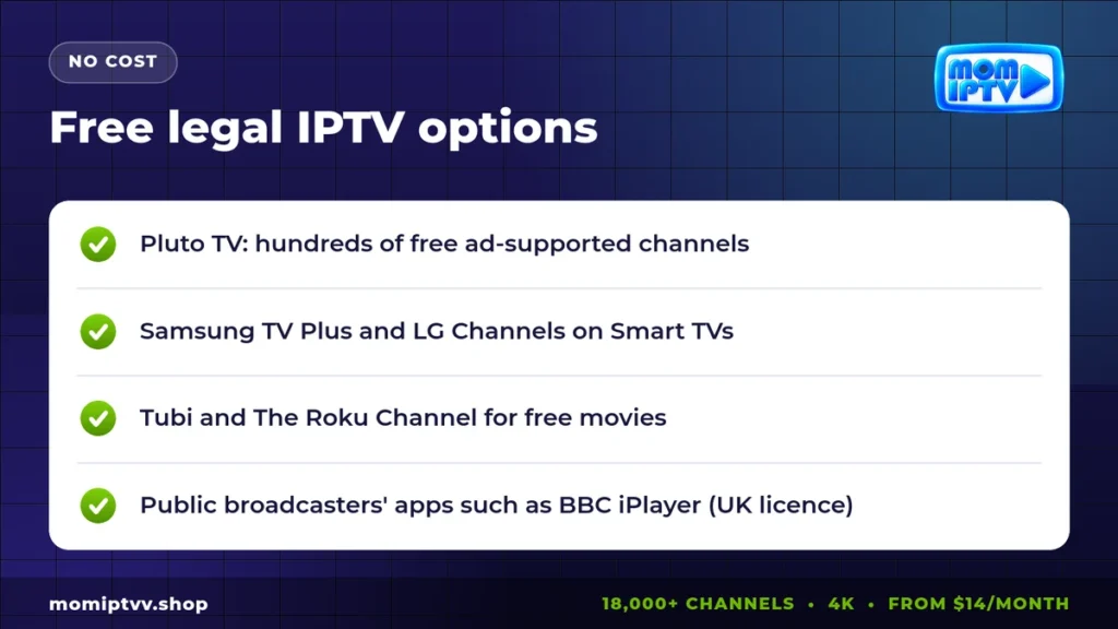 Best Legal IPTV Providers in 2026: Licensed Live TV Services Compared 3 Free legal IPTV options: Pluto TV, Samsung TV Plus, Tubi