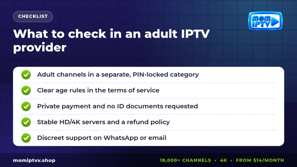 Adult IPTV in 2026: How It Works, Privacy, Parental Controls and Safe Providers 2 Adult IPTV provider checklist: PIN lock, privacy, support