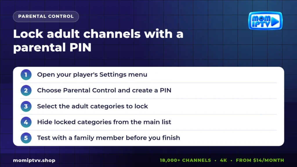 Adult IPTV in 2026: How It Works, Privacy, Parental Controls and Safe Providers 3 How to lock adult channels with a parental PIN in IPTV apps