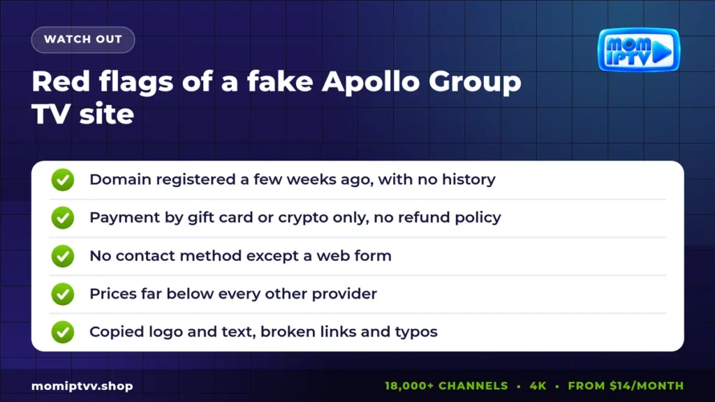 Apollo Group TV Review 2026: Features, Risks and a Safer Alternative 2 Apollo Group TV review: red flags of fake copycat sites