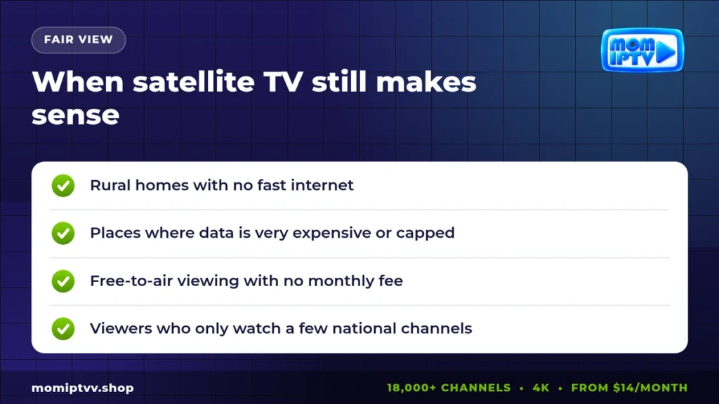 IPTV vs Satellite TV: Which Is Better for Your Home in 2026? 3 When satellite TV still makes sense vs IPTV