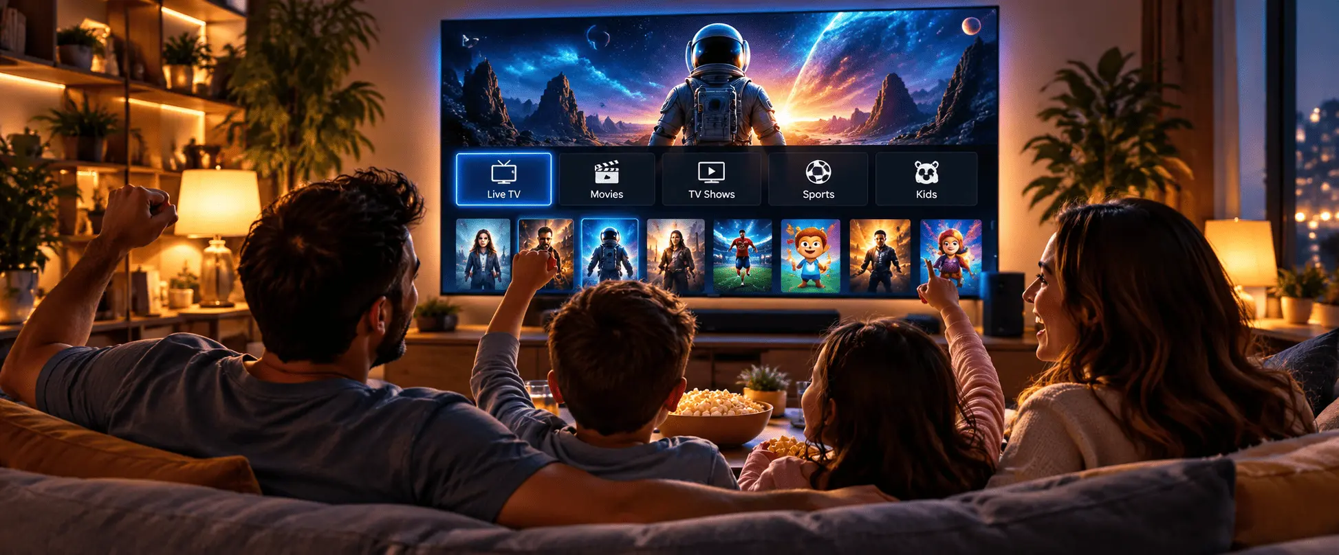 Free Trial 2 Family watching Mom IPTV together on the living room TV