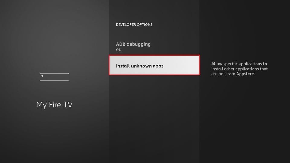 Setup Guide 4 Step 4: Select Install unknown apps - install Mom IPTV on Amazon Firestick